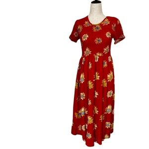 Petite Impressions Vintage Red Sunflower Floral Smocked Midi Dress Womens Medium